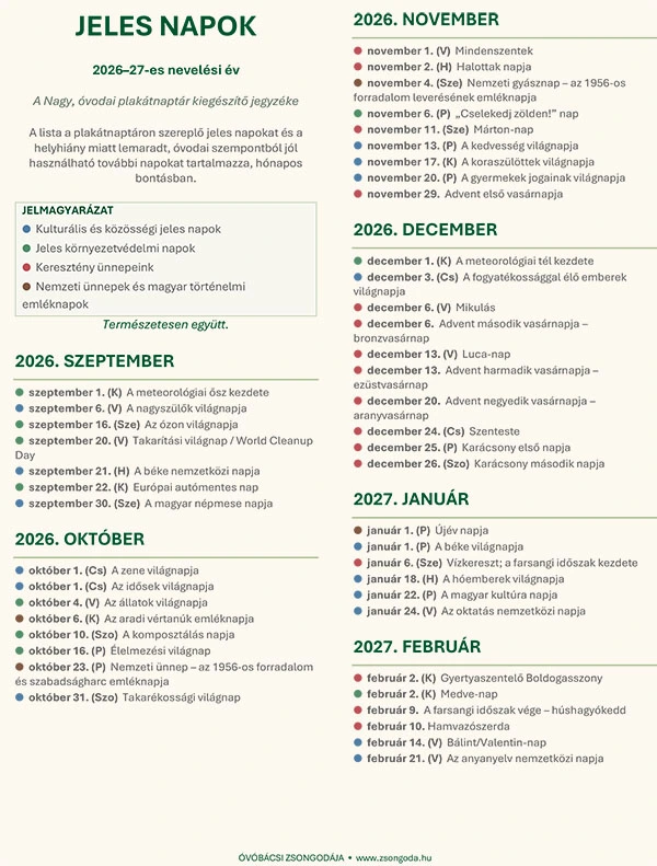 Részletes jelesnap-lista a 2026–27-es nevelési évre